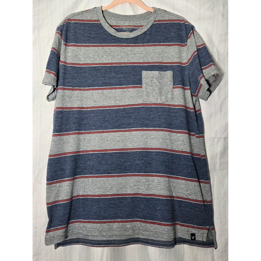American Eagle Seriously Soft Striped Crew Neck Pocket T-Shirt Size Lg